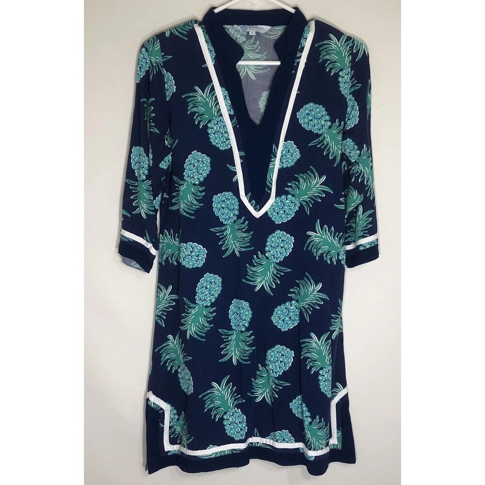 ESCAPADA Living Blue Tropical Pineapples Hawaiian Pattern Dress S  3/4 Sleeves
